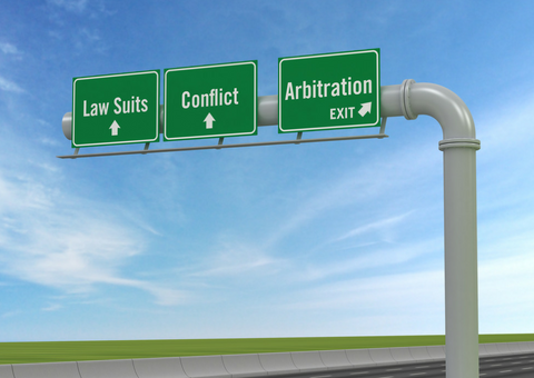 Road signs for lawsuits, conflict and arbitration