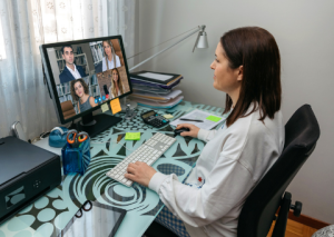 Business person at home on Zoom call