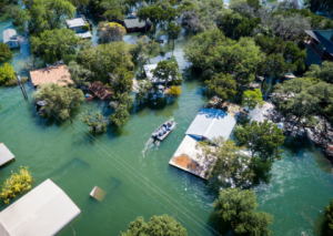 Aerial view of flooded neighborhood
