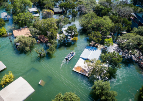 Aerial view of flooded neighborhood