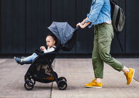 Woman pushing stroller with toddler
