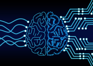 Illustration of half human half AI brain