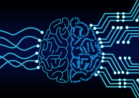 Illustration of half human half AI brain