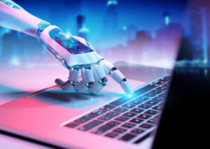 AI robot hand typing on laptop keyboard