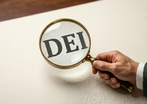 Magnifying glass looking at DEI lettering